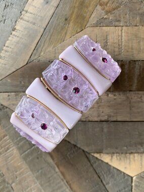 Vintage Late 40s Carved Plastic Lavender Flower Bracelet with Rhinestones